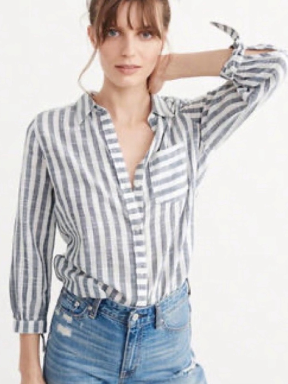 Abercrombie & Fitch Women's Navy Blue & White Striped Linen-Blend Button Shirt